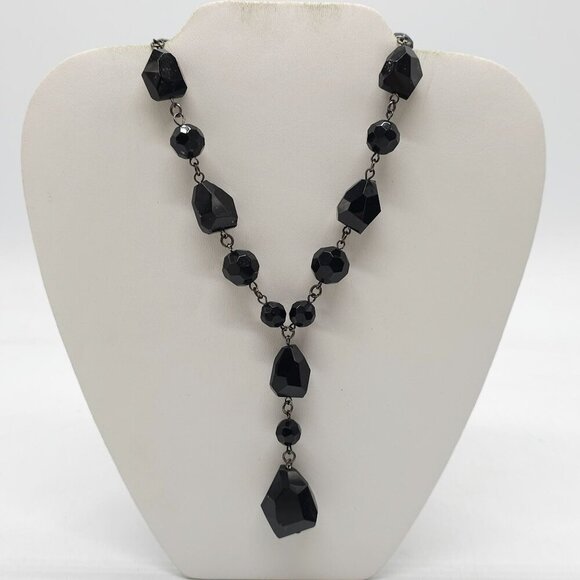 Black Beaded Faceted Necklace With Drop Pendant with Adjustable Chain Vintage - Picture 1 of 6